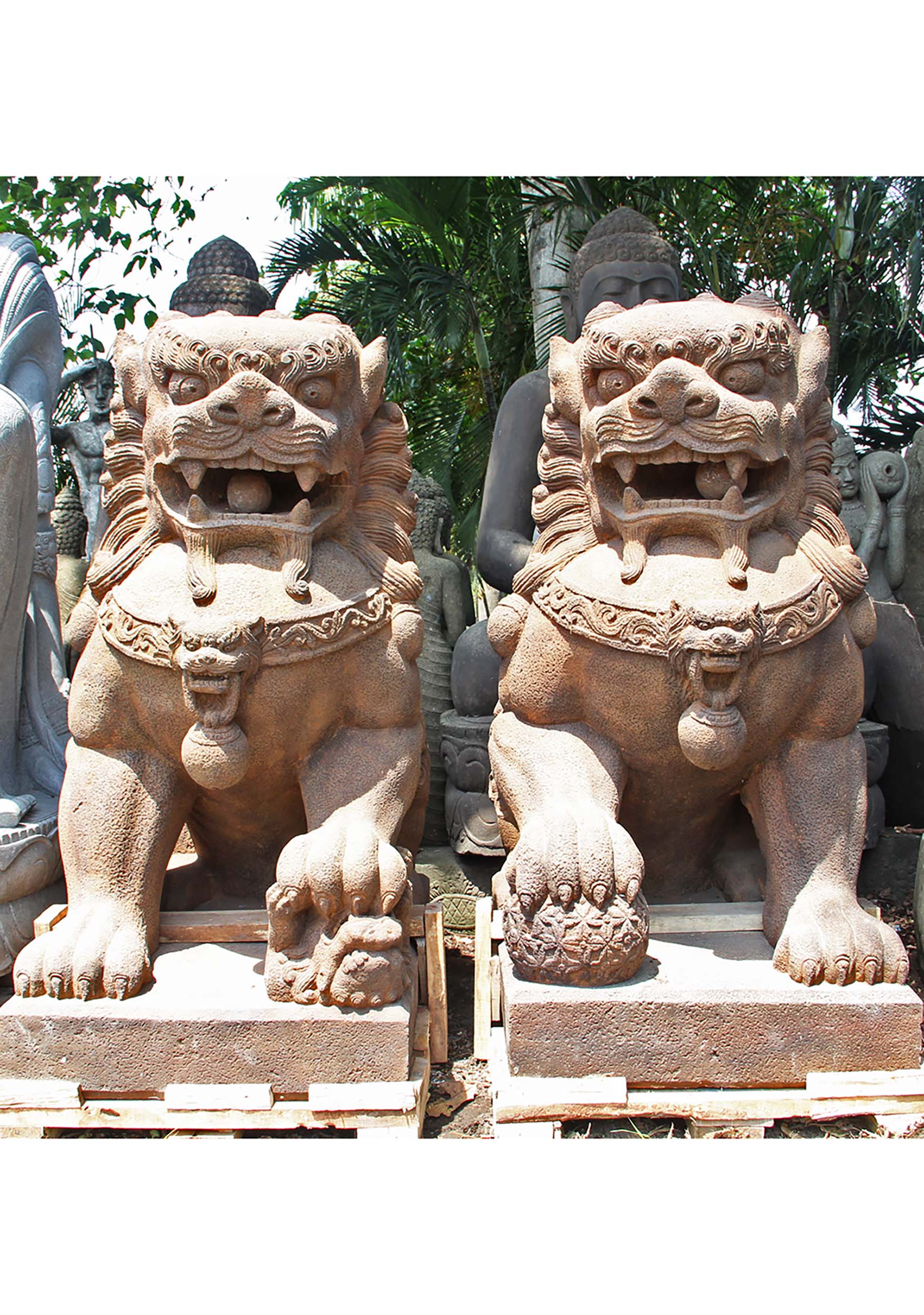 SOLD Large Stone Pair of Foo Dogs Statues 61" (#100ls1): Hindu Gods