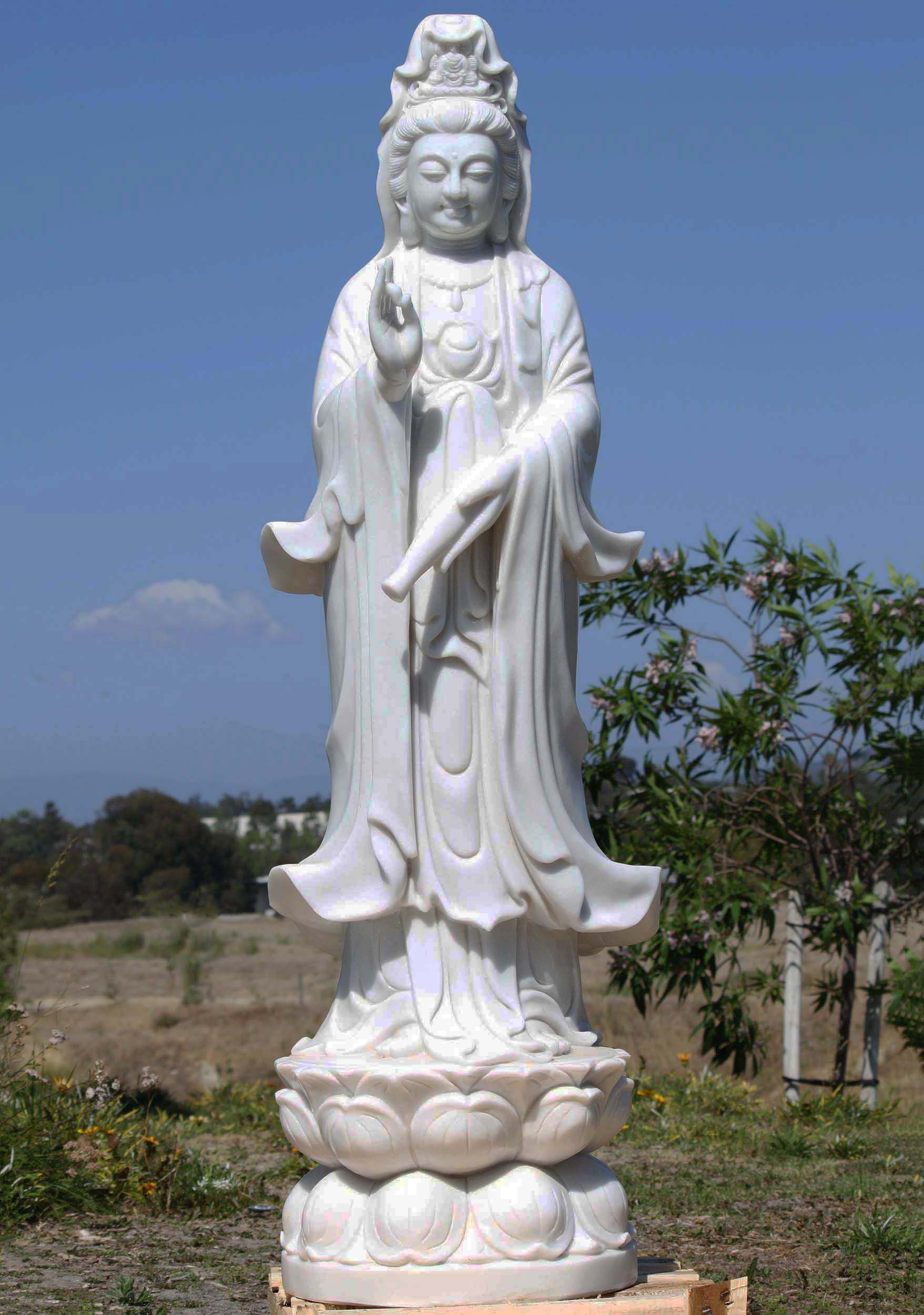 SOLD White Marble Standing Kwan Yin Statue 57" (#109wm13a): Lotus Sculpture