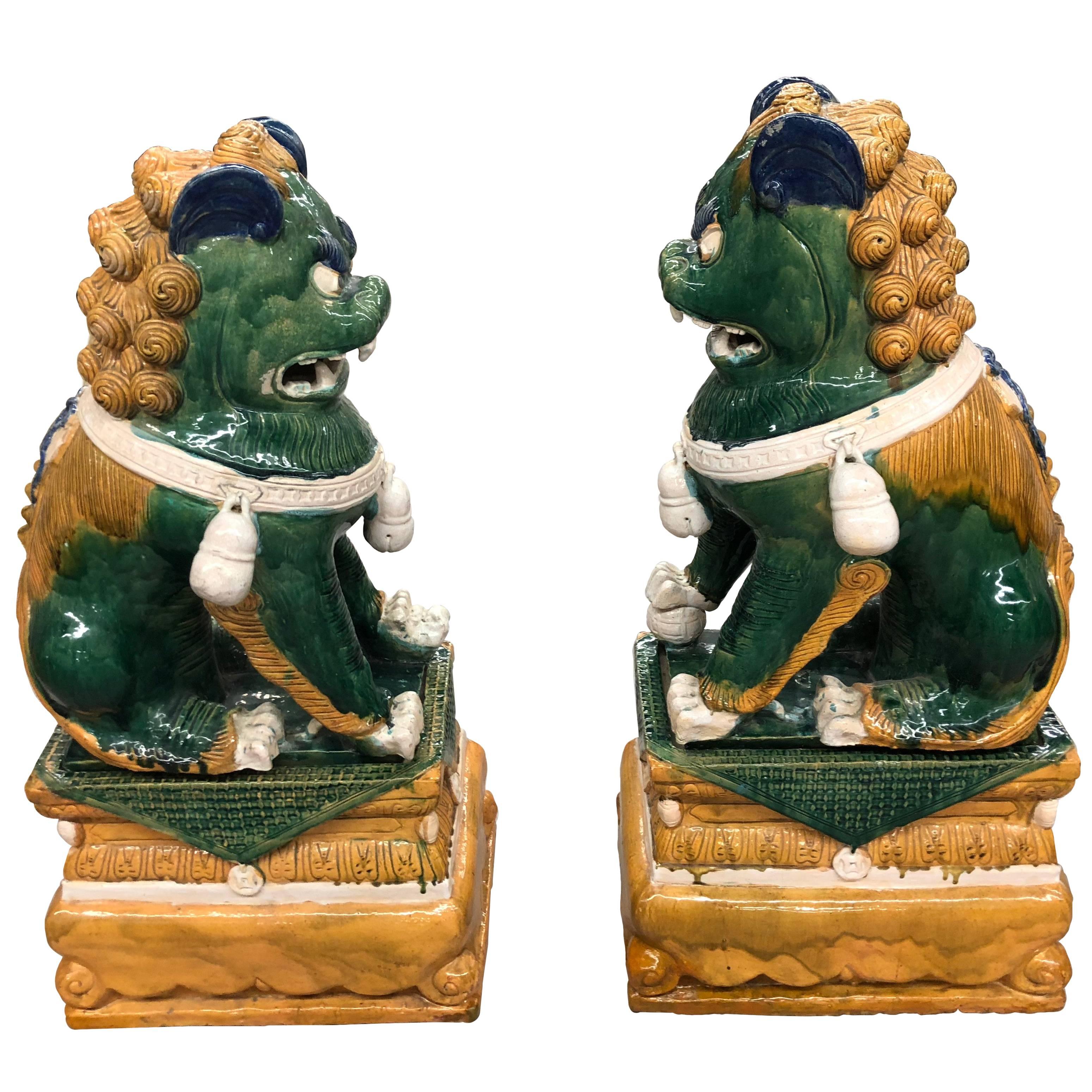 Sensational Huge Ceramic Pair of Chinese Foo Dog Sculptures For Sale at