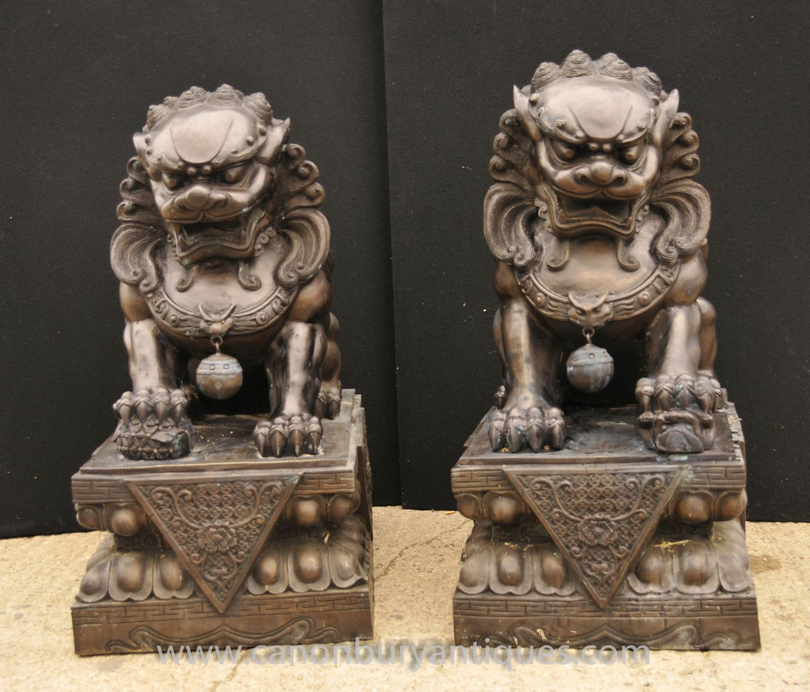 Pair XL Bronze Chinese Foo Dogs Keiloon Fu Temple Statue China