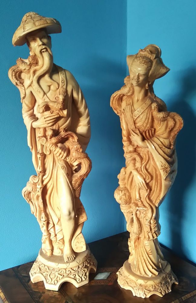 Large Vintage Asian Chinese Male & Female Resin Composite Statues