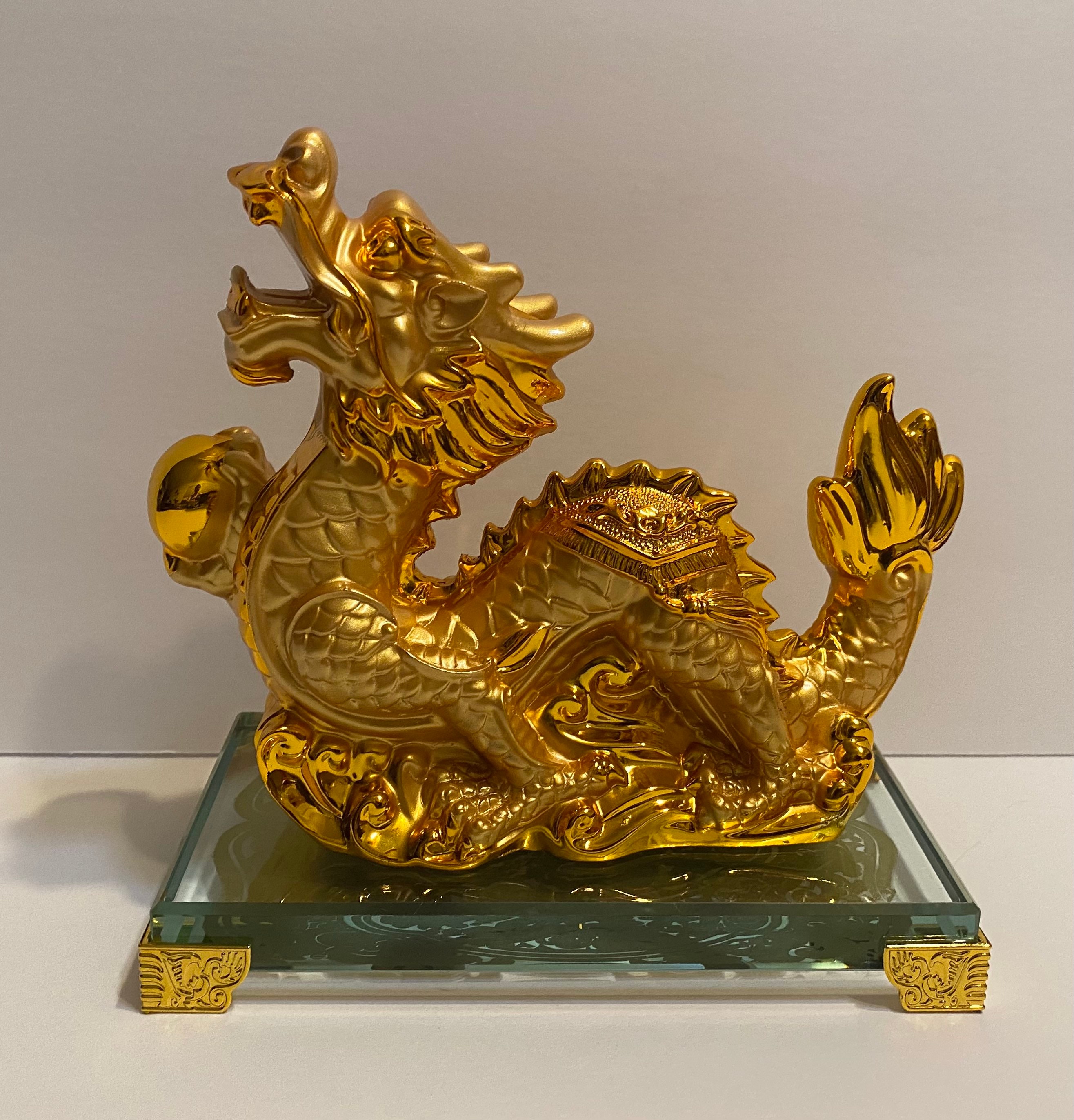 Feng Shui Chinese Golden Dragon Statue With Glass Stand | Etsy