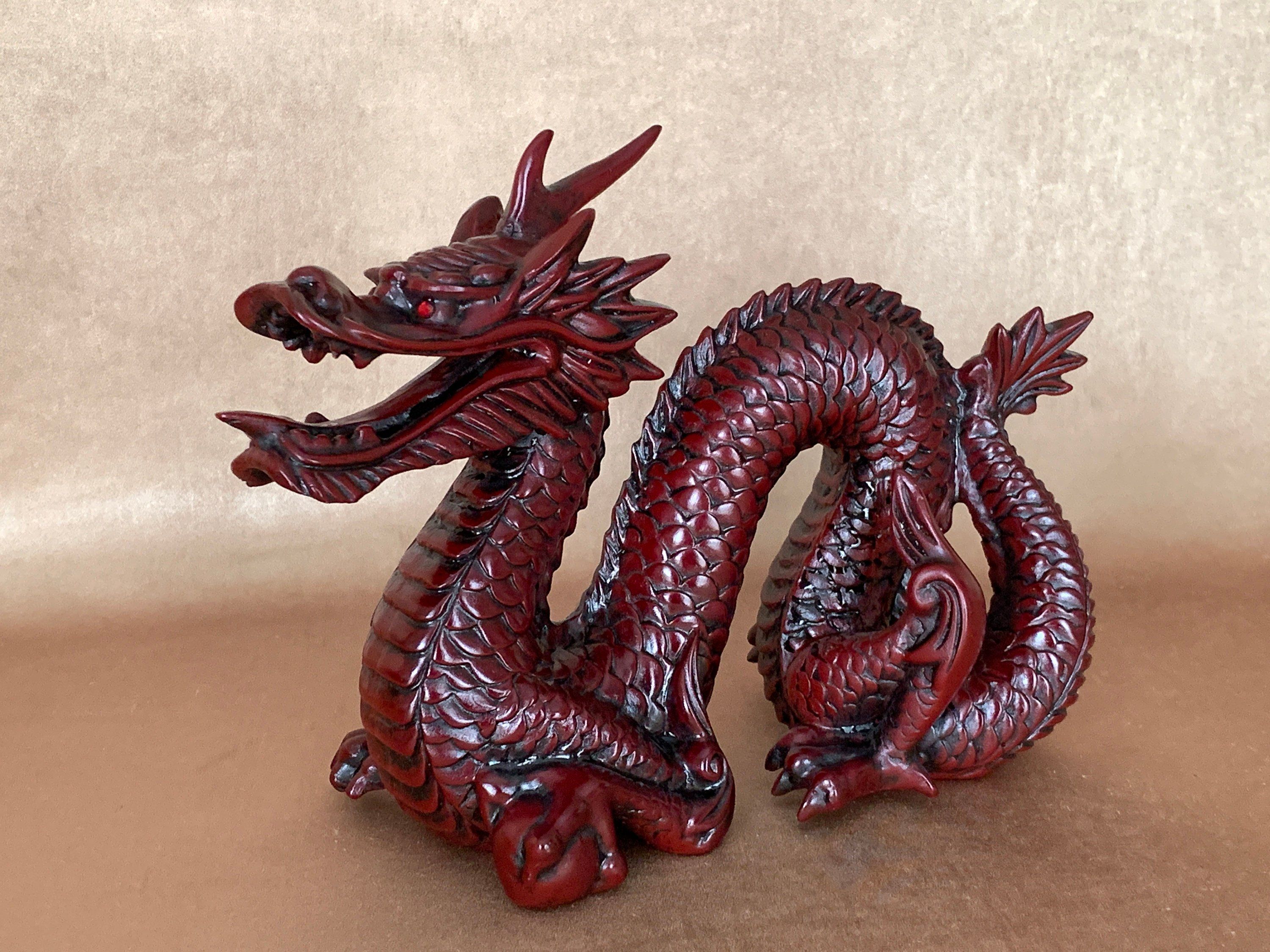 Red Resin Asian Dragon Statue, Feng Shui Symbol for Power, Strength