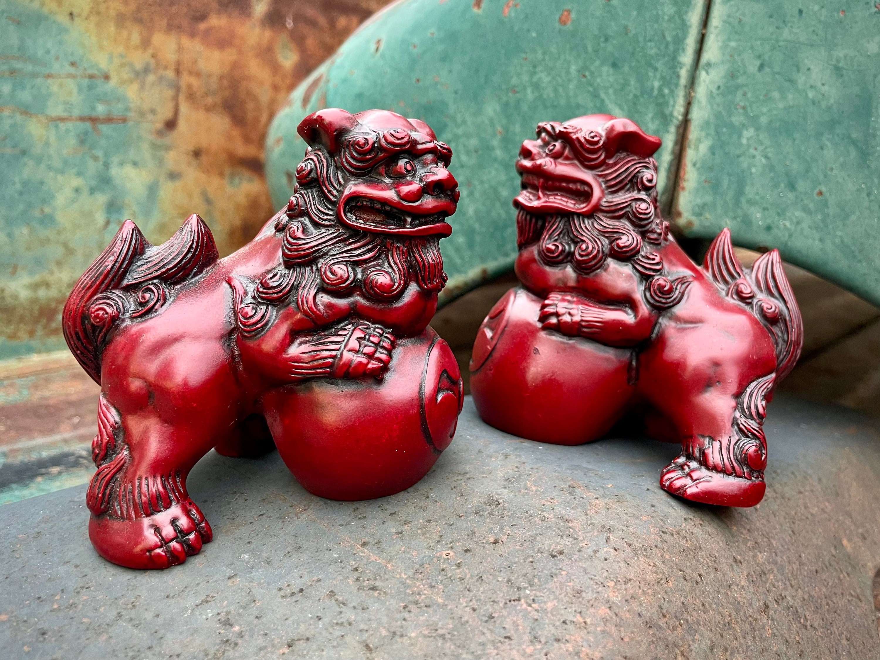 Vintage Red Resin Foo Dog Figurines, Medium Small Guardian Lions