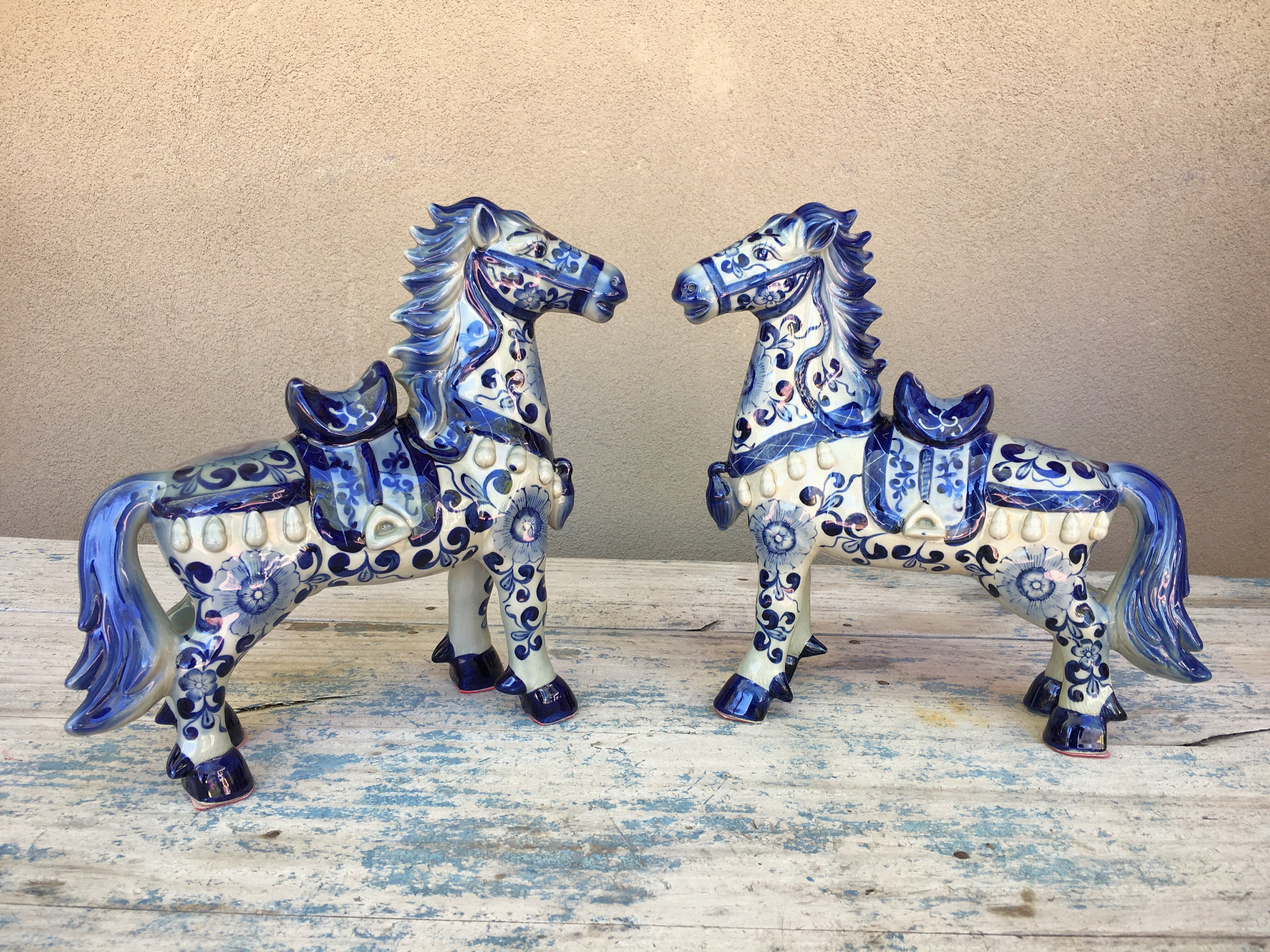 Pair vintage porcelain horse figurines chinoiserie, blue and white gray