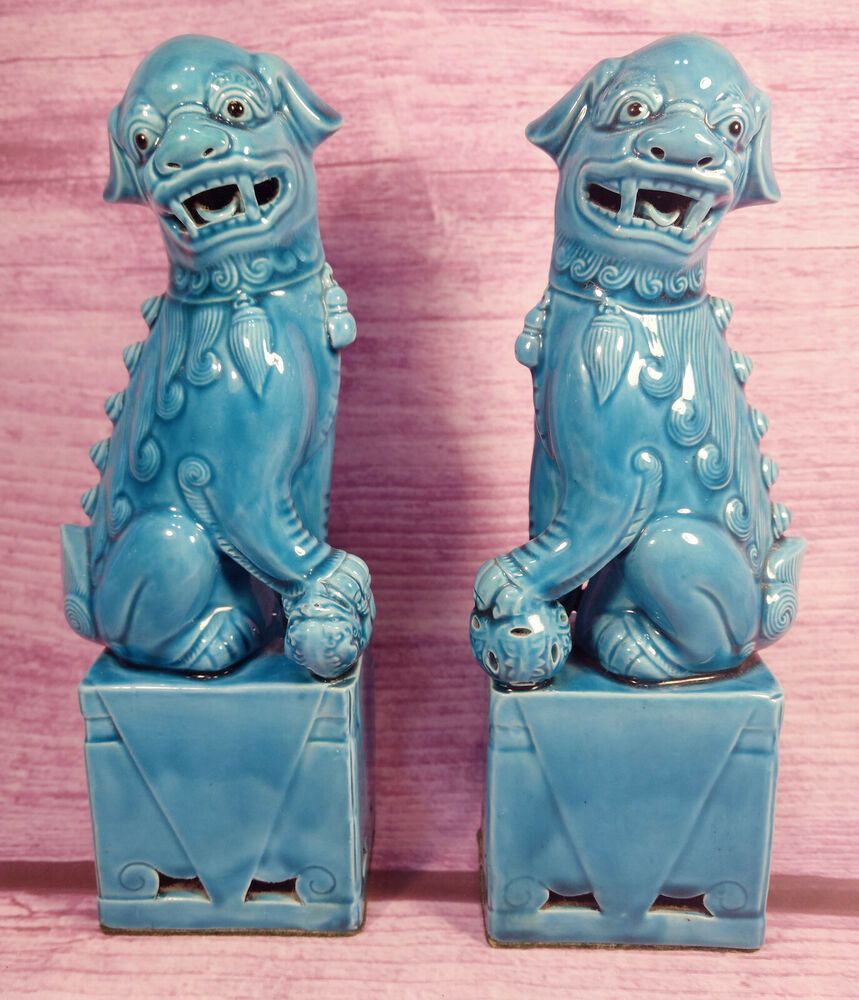 Foo Dogs Chinese Turquoise Blue Ceramic Large 10 Inch Vintage Asian