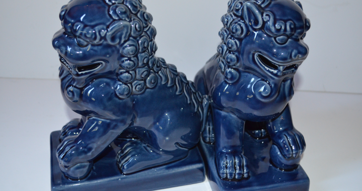 blue foo dog statues Pair of petite mid-century turquoise blue ceramic foo dog sculptures