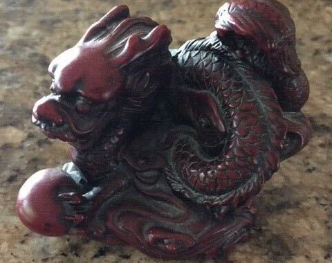 chinese red dragon statue Hollywood regency gold brass chinese dragon statue