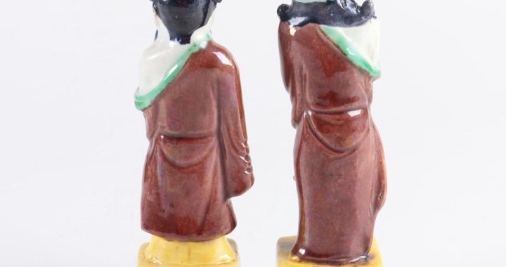 ceramic chinese figurines Vintage 1950s glazed ceramic chinese figurines / 50s blue and